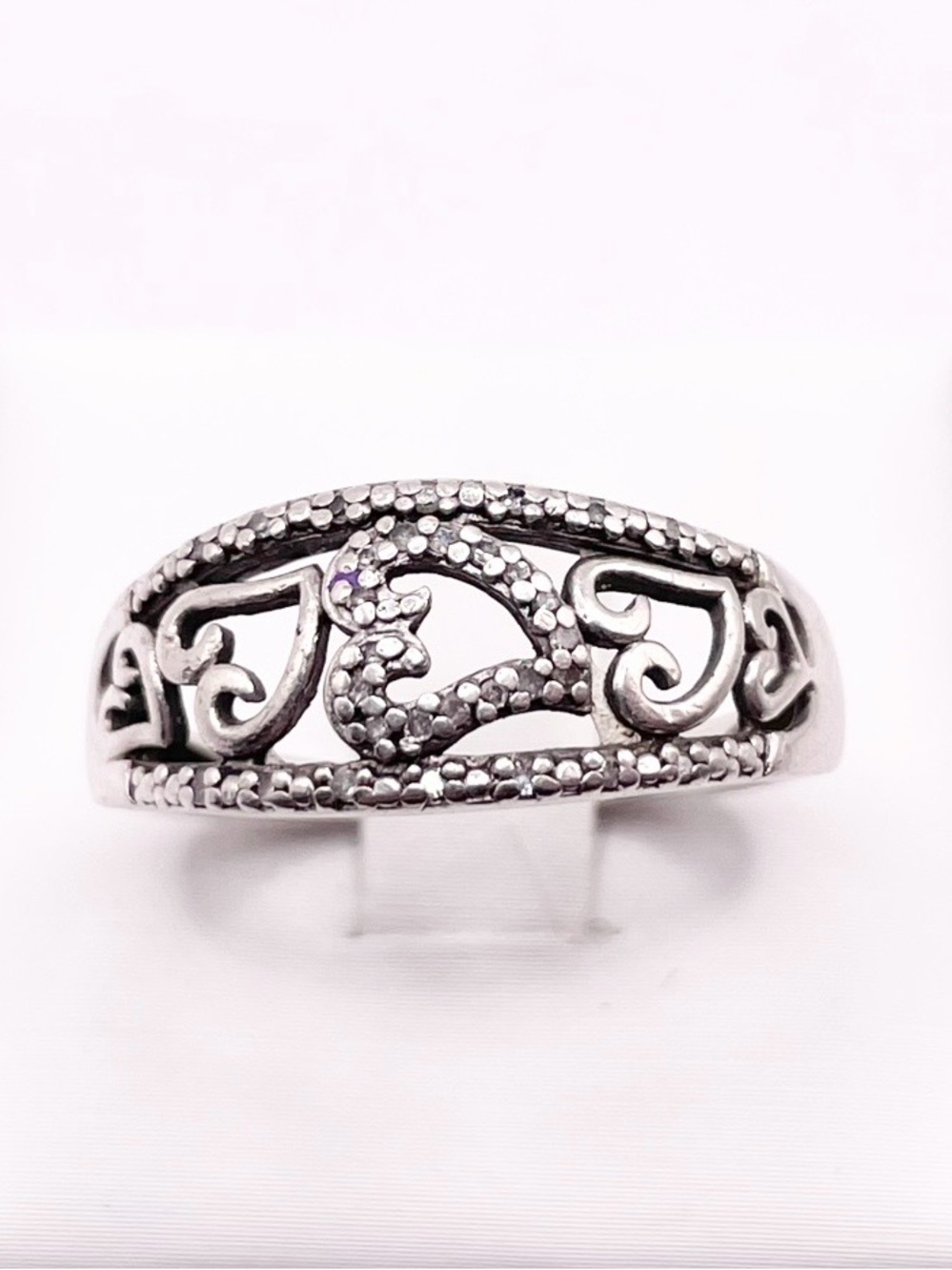 Size 8.5 Sterling Silver Filigree Heart with diamond chips ring